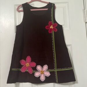Brown Corduroy Dress with Flower Appliques
